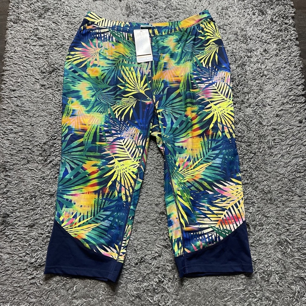 Hydrochic Pants Womens 1X Blue Green Floral 19" Inseam Swim Tights UV Activewear